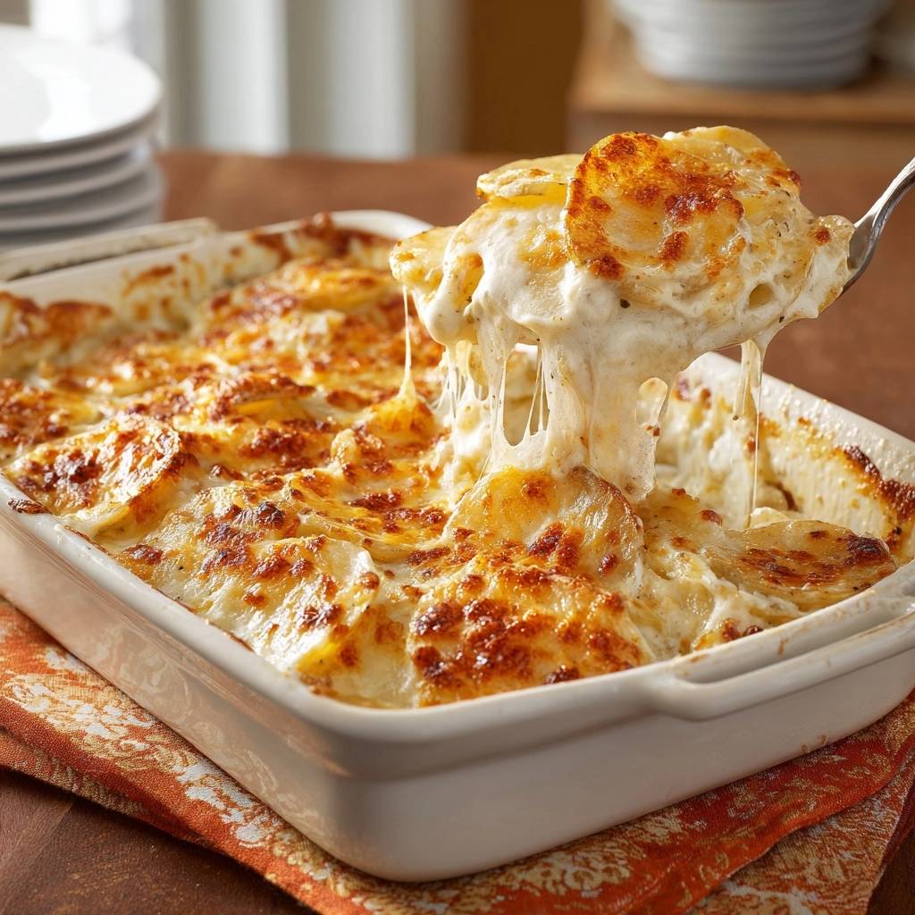Cheesy scalloped potatoes being lifted with a spoon, showing strings of melted cheese and creamy potato slices.