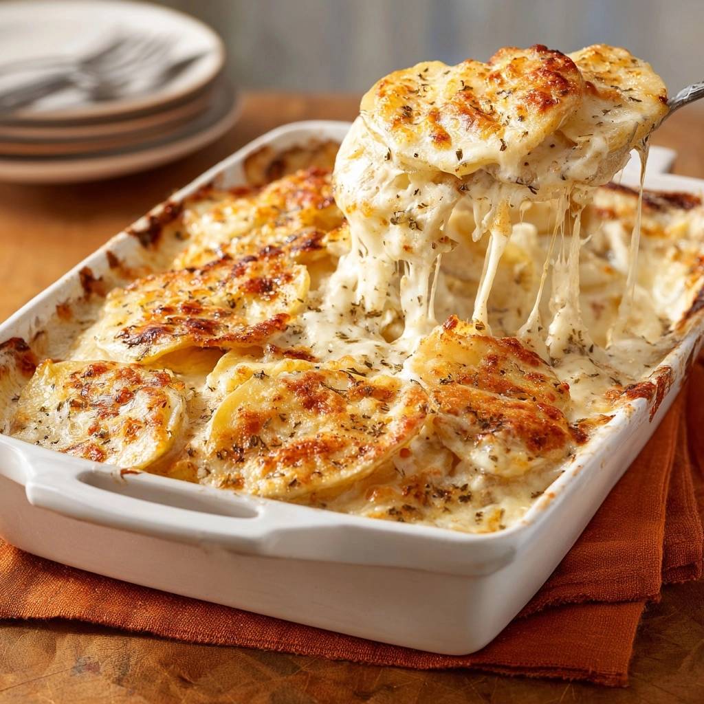 Cheesy scalloped potatoes with a dramatic cheese pull as a serving spoon lifts a portion from the dish.