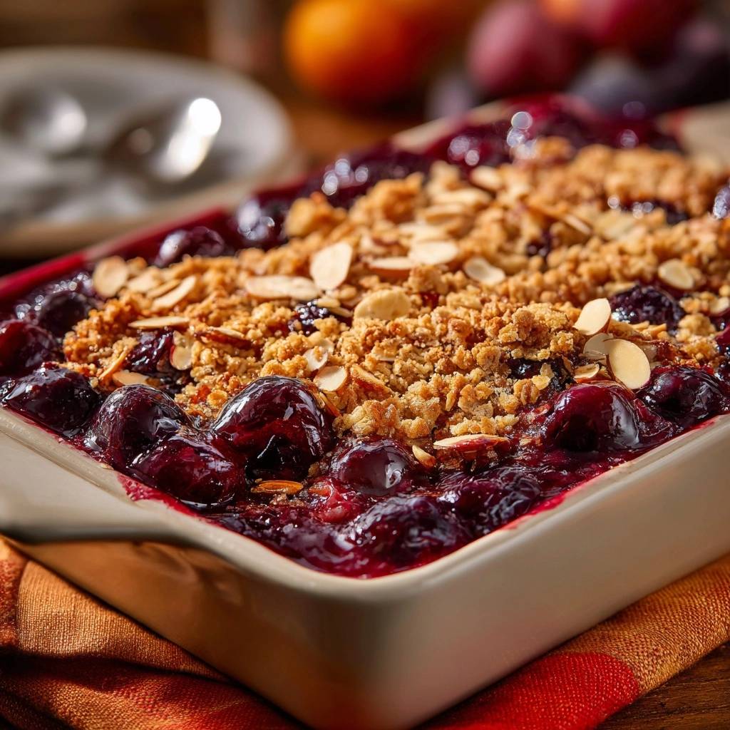 Cherry almond crisp with a golden crumble topping and sliced almonds, served in a baking dish.