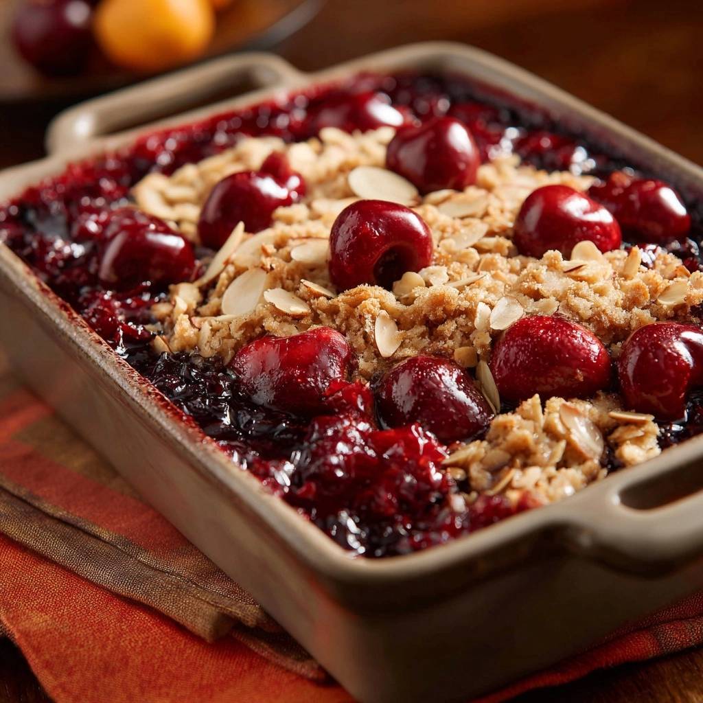 Cherry almond crisp showing a close-up of the topping with whole cherries and toasted almonds.