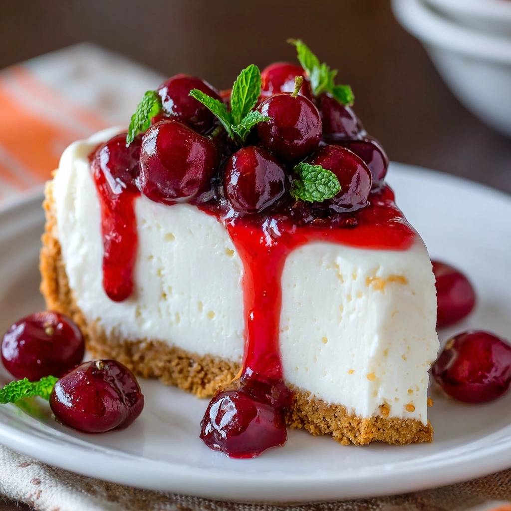 Cherry cheesecake plated slice with glistening cherry topping and fresh mint garnish.
