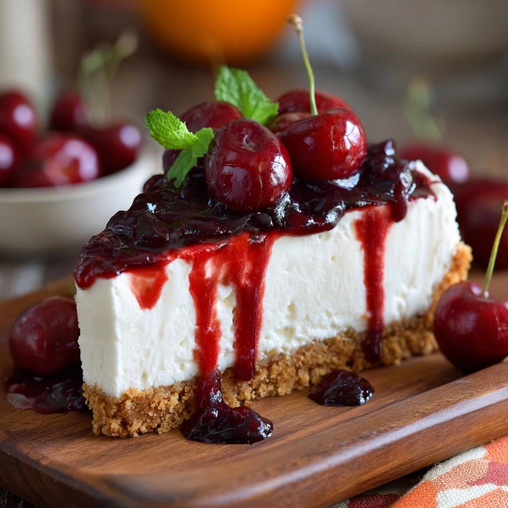 Perfect Cherry Cheesecake without cracks, presented as a single slice with a rich cherry topping and fresh cherries.