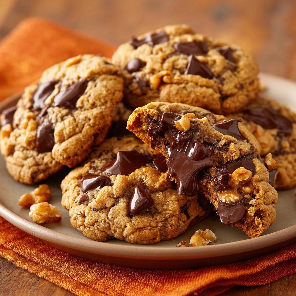 Chewy chocolate chunk walnut cookies with a gooey, molten chocolate cross-section revealing melted chocolate and walnuts.