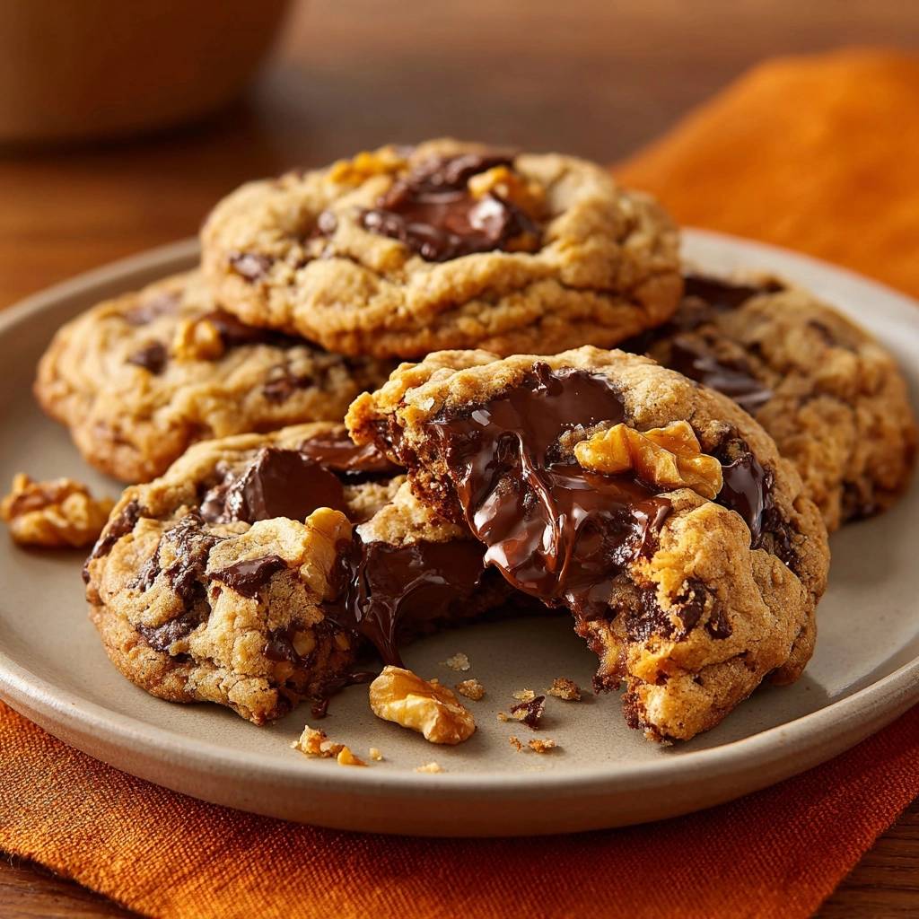 Chewy chocolate chunk walnut cookies shown in a gooey cross-section revealing melted chocolate and nuts.