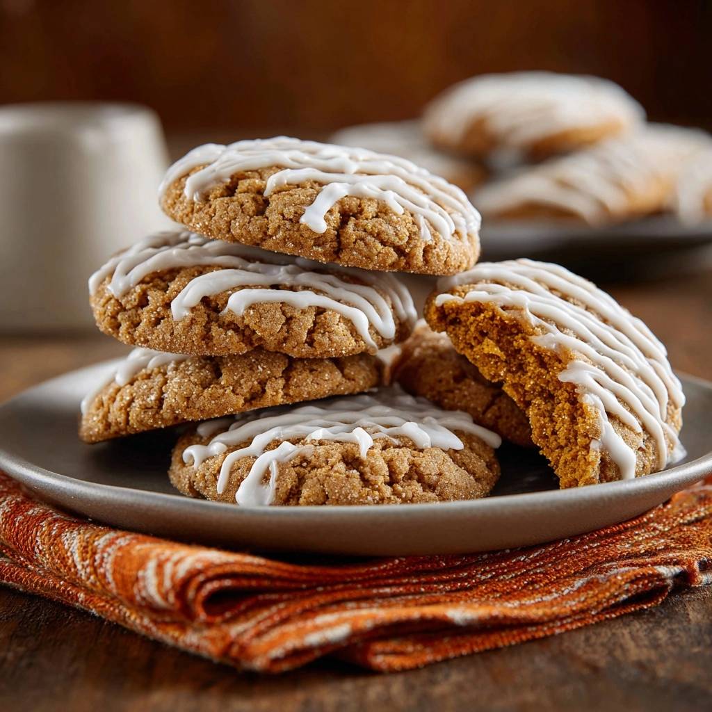 Chewy pumpkin ginger cookies cross-section detail showing the soft, spiced interior with white glaze drizzle.