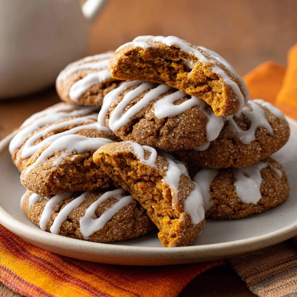 Chewy pumpkin ginger cookies cross-section showing a soft interior and drizzled with white icing.