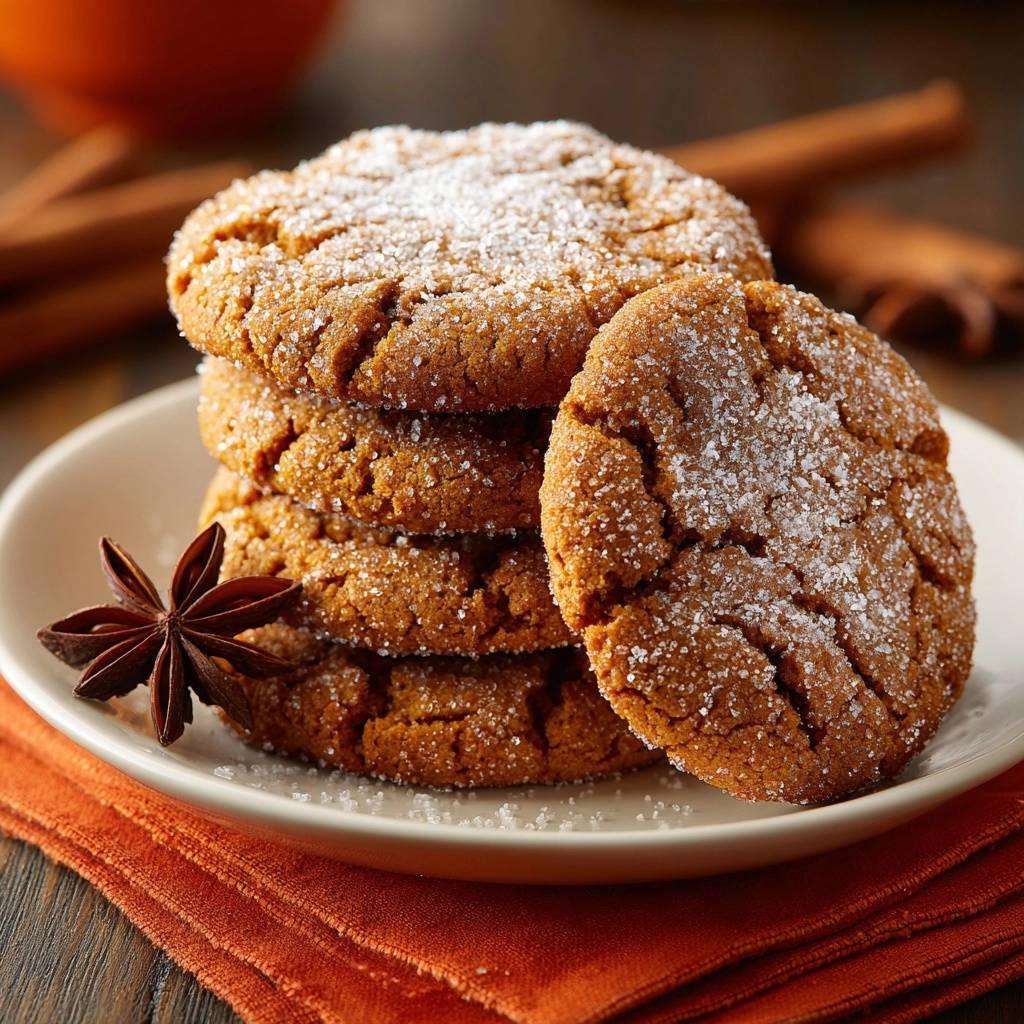 Chewy snickerdoodles with crinkly tops are dusted with sugar and stacked on a white plate with star anise.