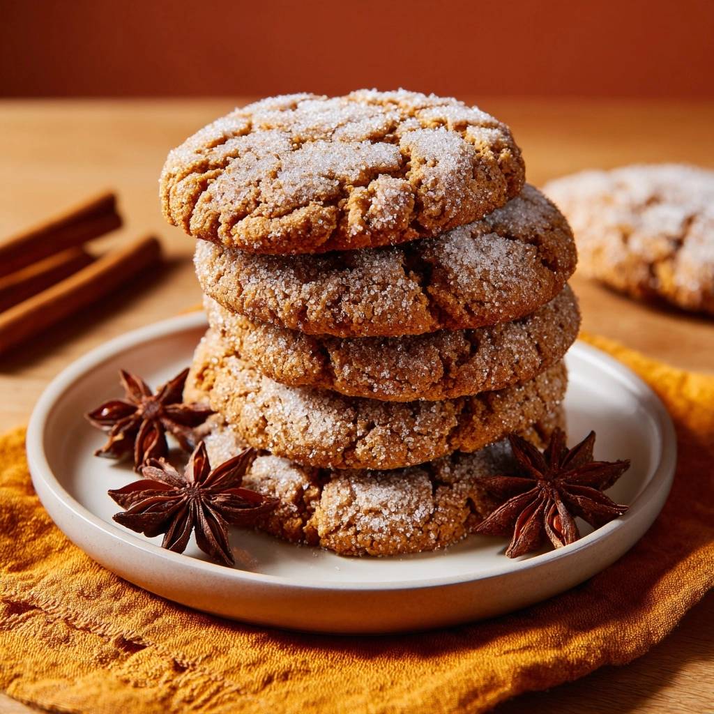 Chewy snickerdoodles with crinkly tops stacked on a plate with star anise and cinnamon sticks.