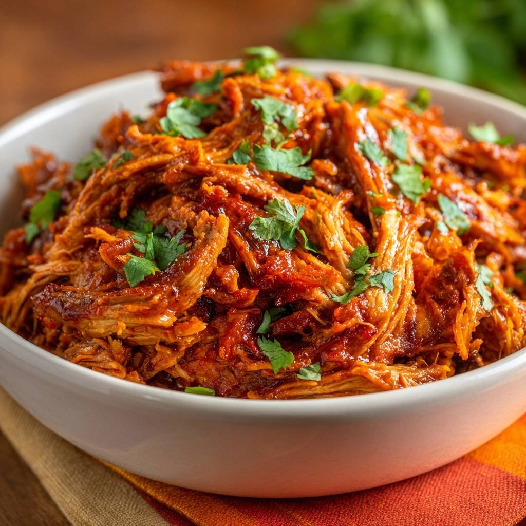 Chicken Tinga, a moist shredded chicken in bold chipotle sauce, shown in a close-up view and garnished with fresh cilantro.