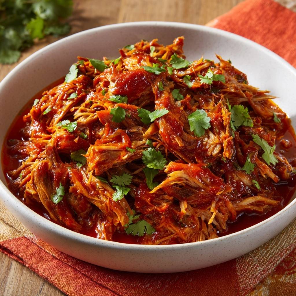 Chicken tinga, a moist shredded chicken in bold chipotle sauce, is generously garnished with fresh cilantro leaves in a white bowl.