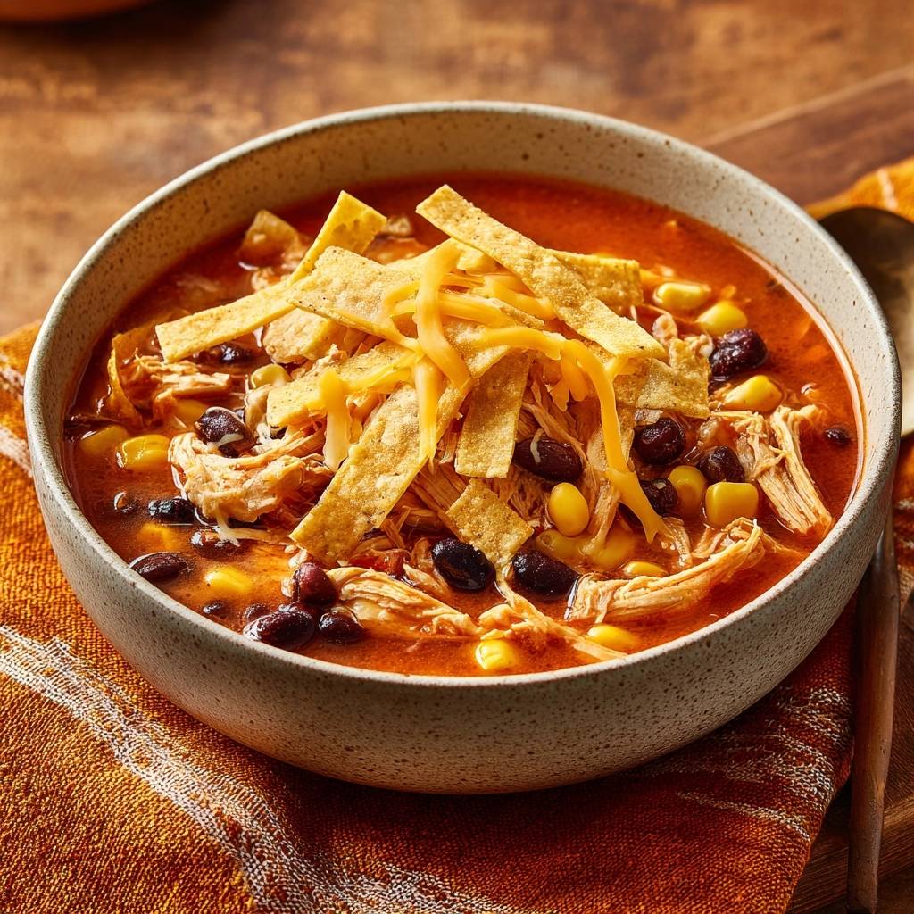 Chicken tortilla soup with shredded chicken, black beans, corn, and crispy tortilla strips, served in a rustic bowl.
