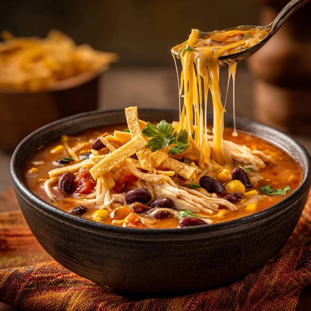 Chicken tortilla soup with melted cheese strands being pulled from a spoon, topped with tortilla strips and cilantro.