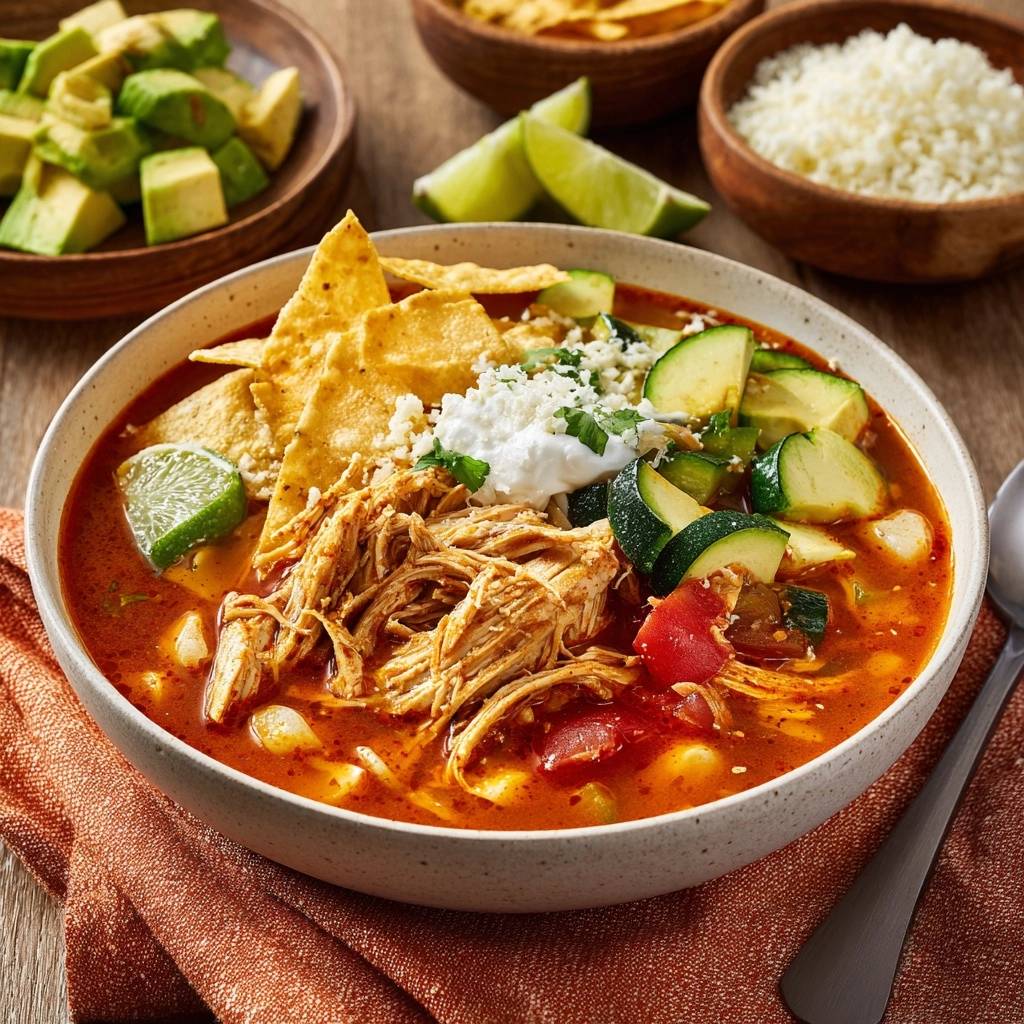 Chicken Zucchini Pozole served in a bowl, topped with tortilla chips, sour cream, and crumbled cheese.