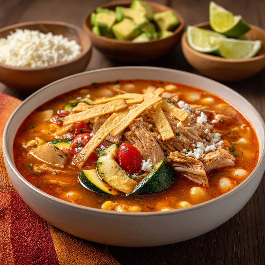 Chicken Zucchini Pozole served in a bowl, garnished with tortilla strips and cheese, with accompaniments.