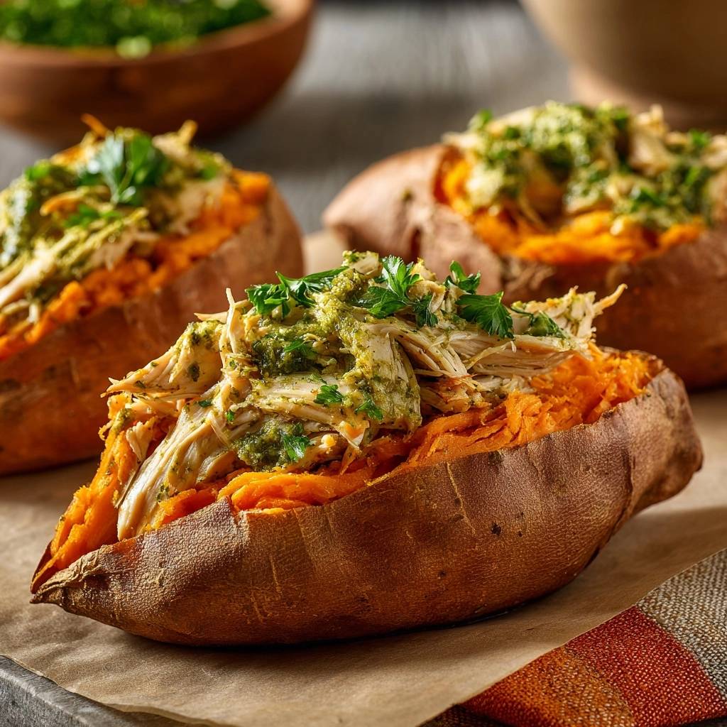 Chimichurri chicken stuffed sweet potatoes shown in a close-up cross-section revealing the tender filling and fluffy potato.