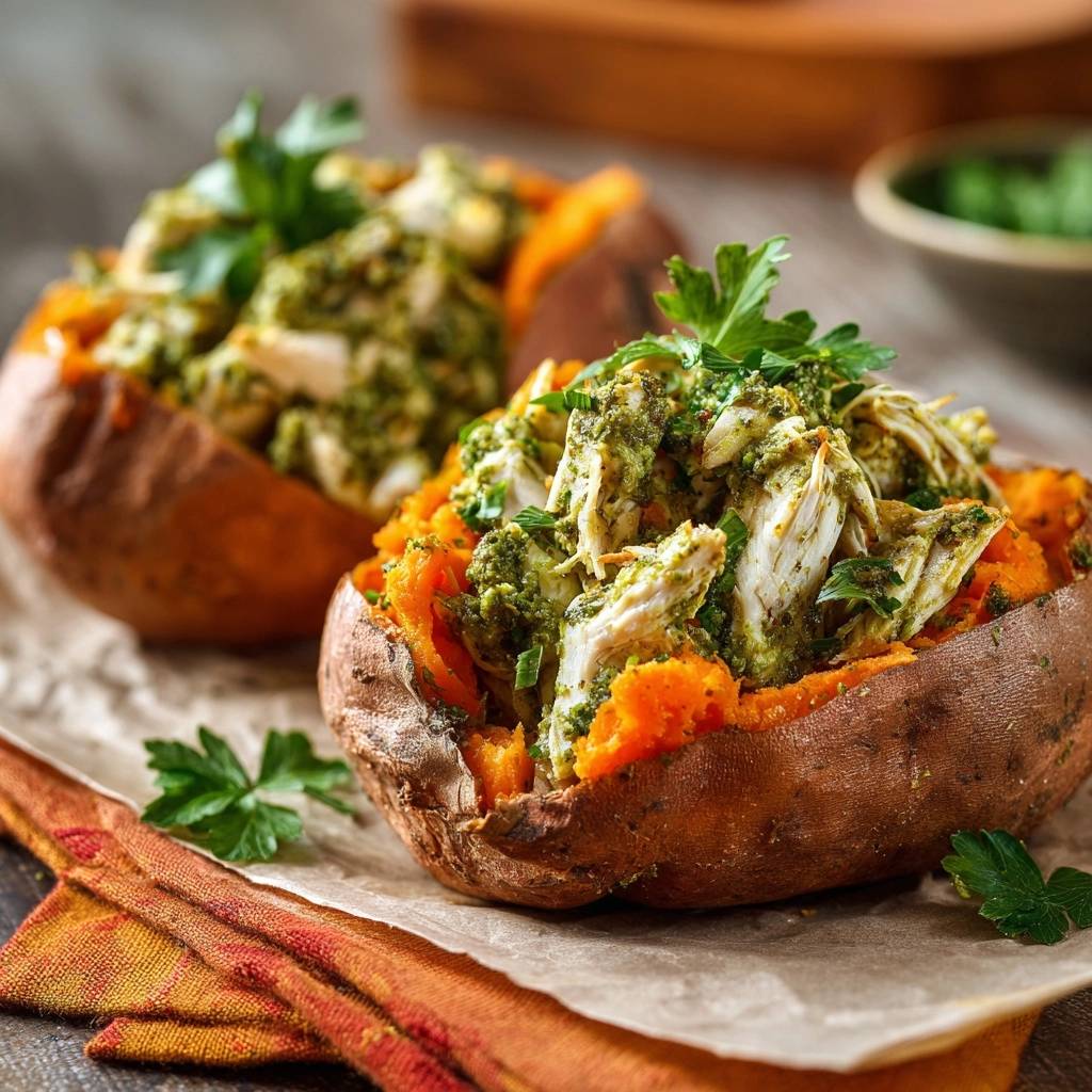 Chimichurri chicken stuffed sweet potatoes presented as a double serving, showcasing the vibrant green filling and fluffy interior.