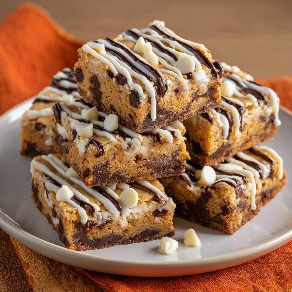 Chocolate chip blondies with white drizzle stacked on a plate, showcasing their rich texture and white chocolate chips.