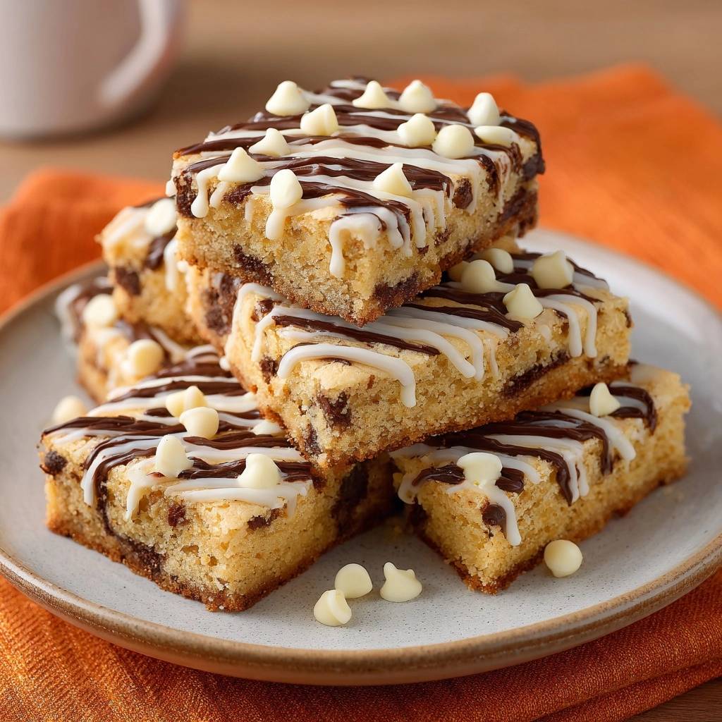 Chocolate chip blondies with white drizzle stacked on a plate, topped with white chocolate chips.