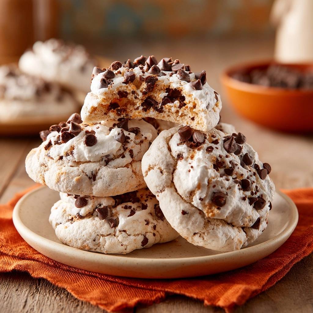 Chocolate Chip Meringue Cookies: Stable Peaks Recipe shown with a close-up cross-section revealing the airy interior.