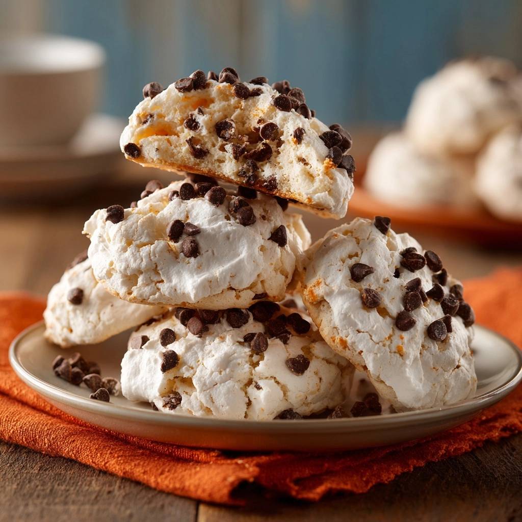 Chocolate chip meringue cookies stacked on a plate, showcasing their light and airy texture with chocolate chips.