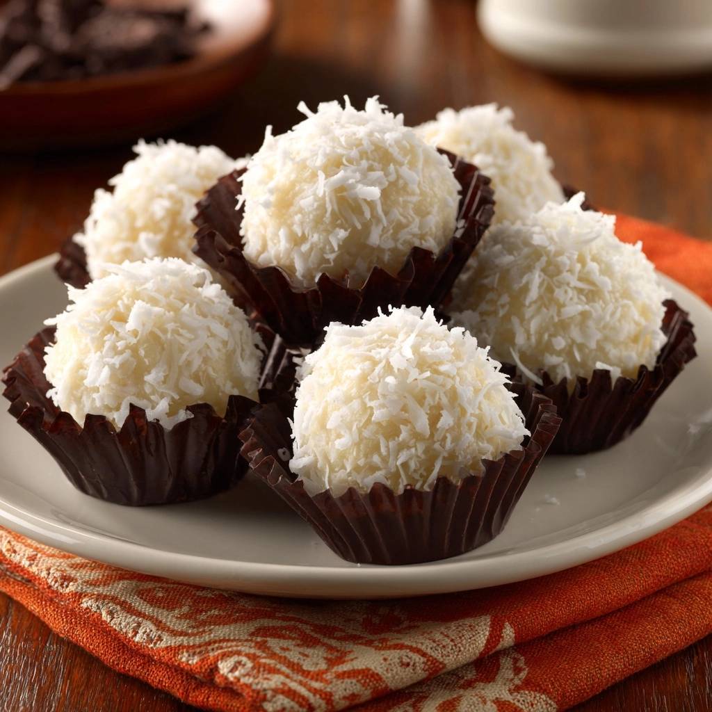 Chocolate coconut bites coated in shredded coconut, presented in individual brown paper liners on a white plate.