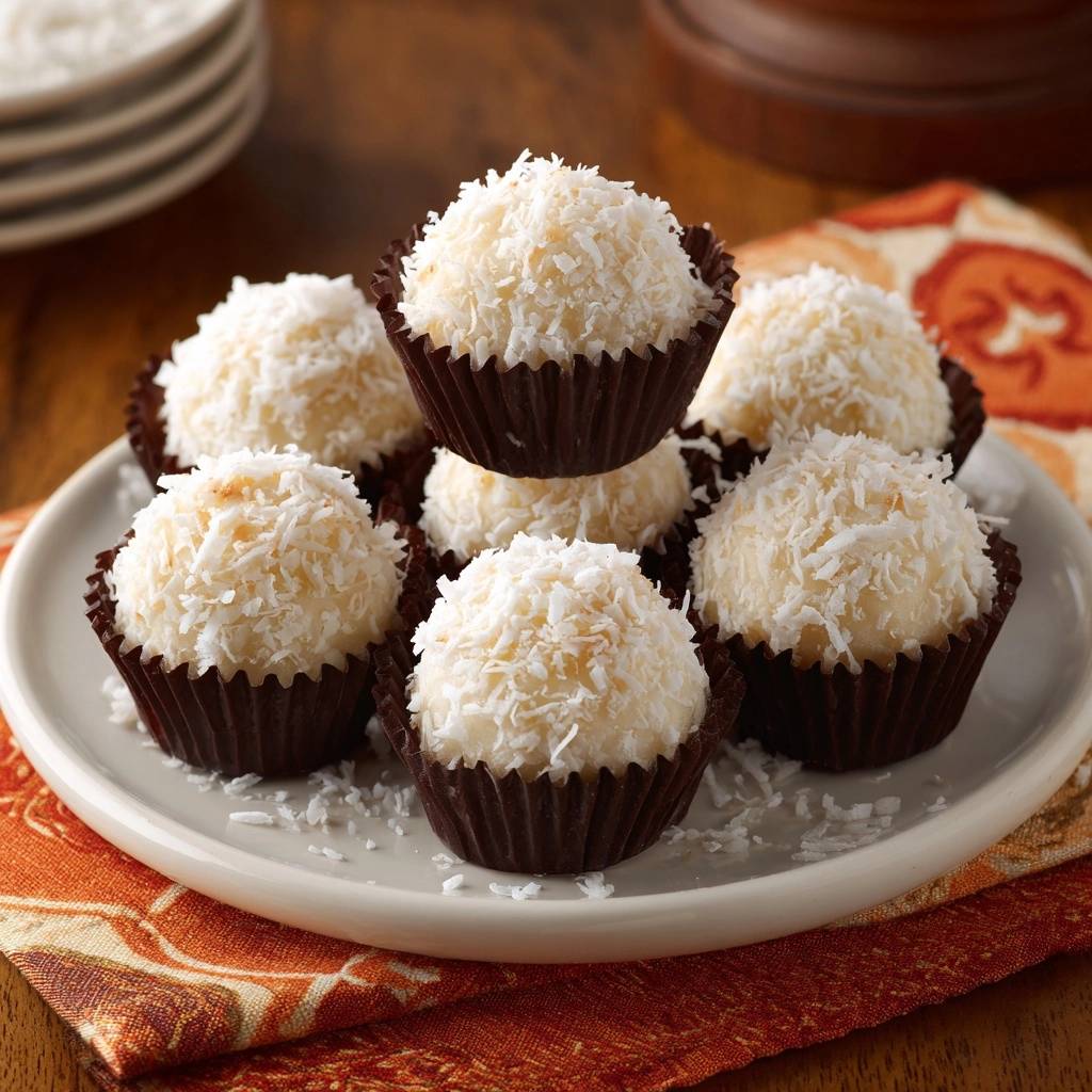 Chocolate coconut bites, firm and no-crumble, are presented stacked on a white plate with a festive napkin.