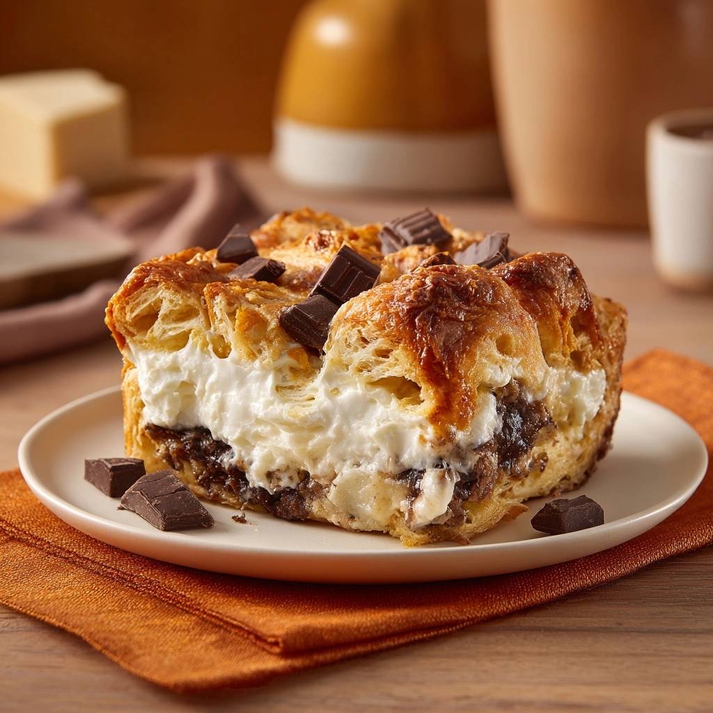 Chocolate cream croissant bake shown in a close-up cross-section, highlighting its flaky pastry and rich filling.