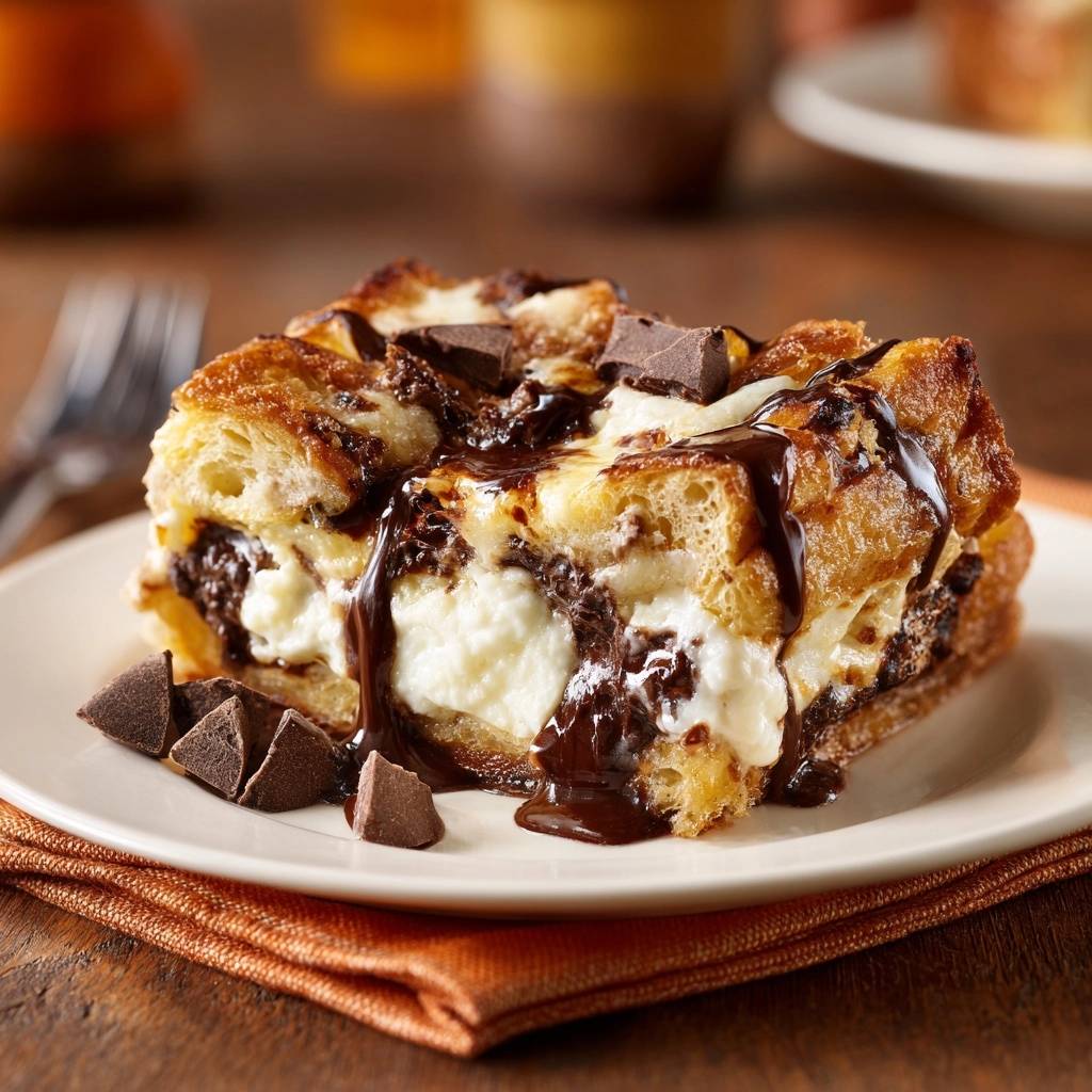 Chocolate Cream Croissant Bake recipe shown as a close-up cross-section with creamy filling and chocolate drizzle.