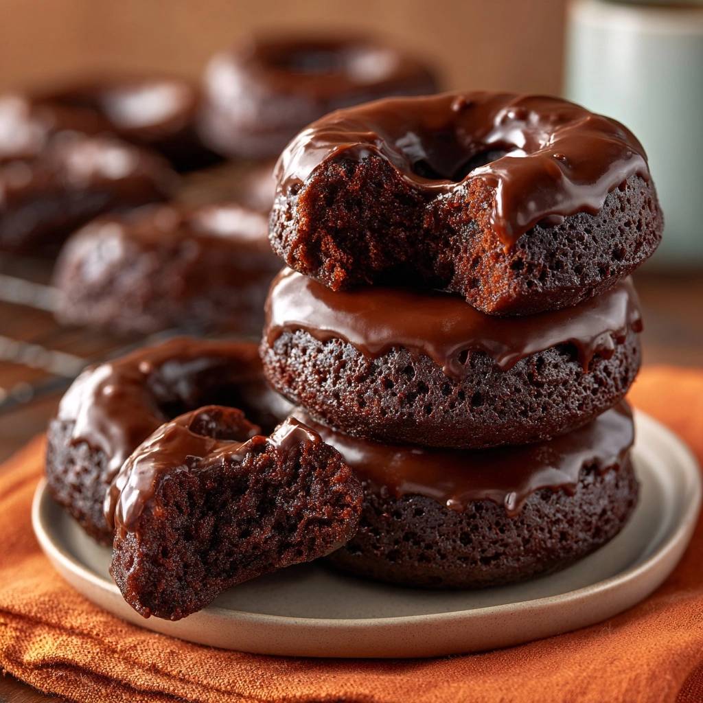 Chocolate glazed baked donuts stacked high, with a close-up of one donut revealing its moist interior texture.