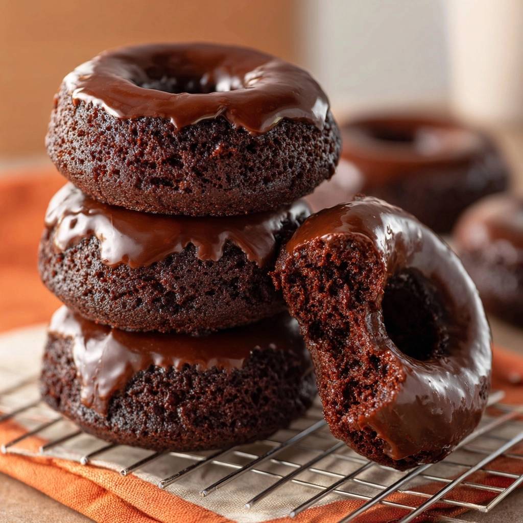 Chocolate glazed baked donuts stacked with a close-up view of a bitten donut revealing its moist interior texture.
