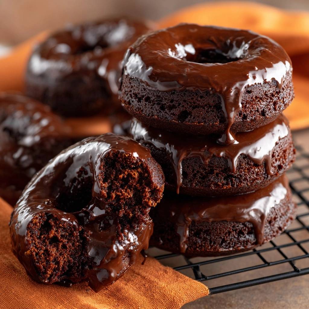 Chocolate glazed donuts, with one donut broken open to show the moist, cakey interior texture.