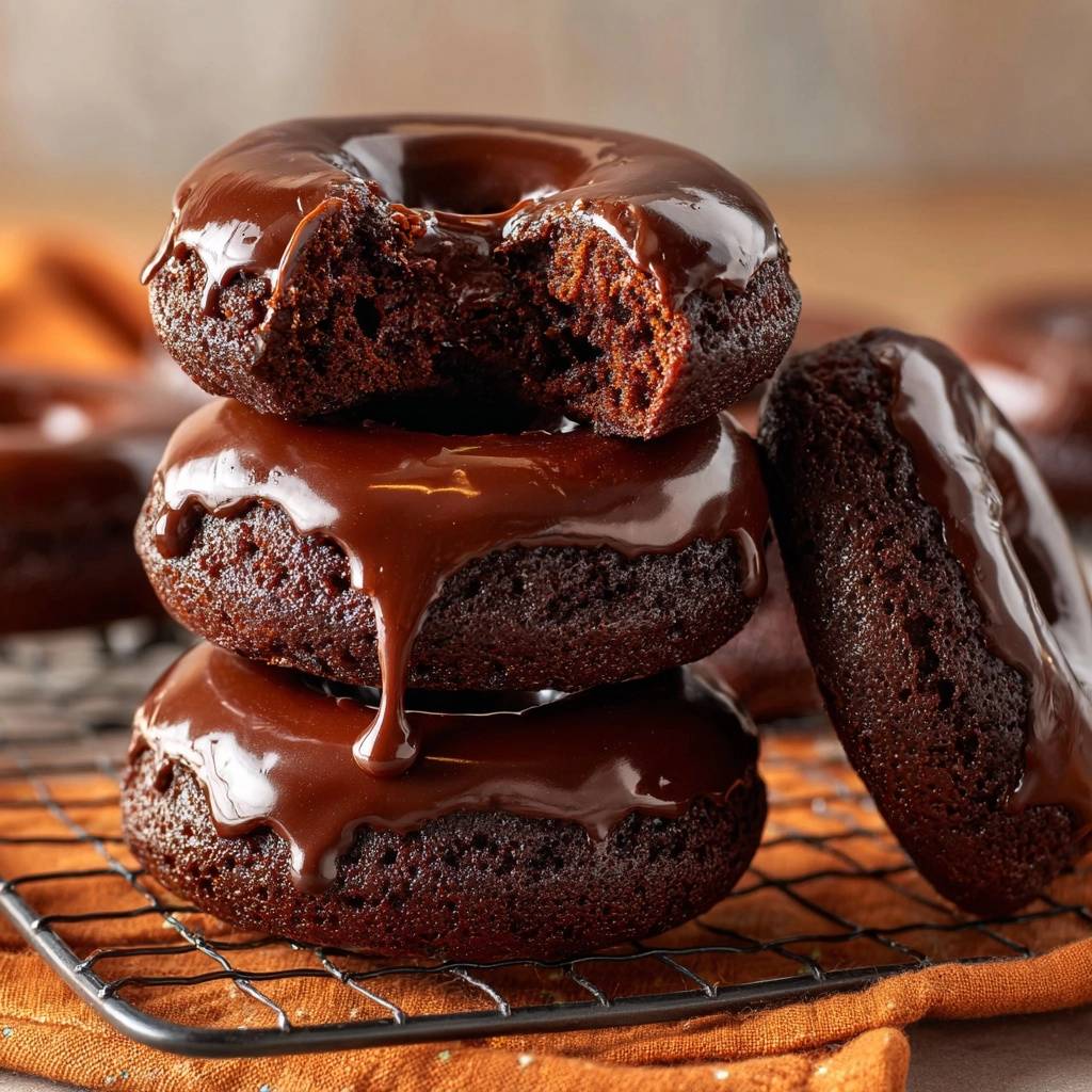 Chocolate glazed donuts, moist and bakery-style, stacked with the top one having a bite taken out.