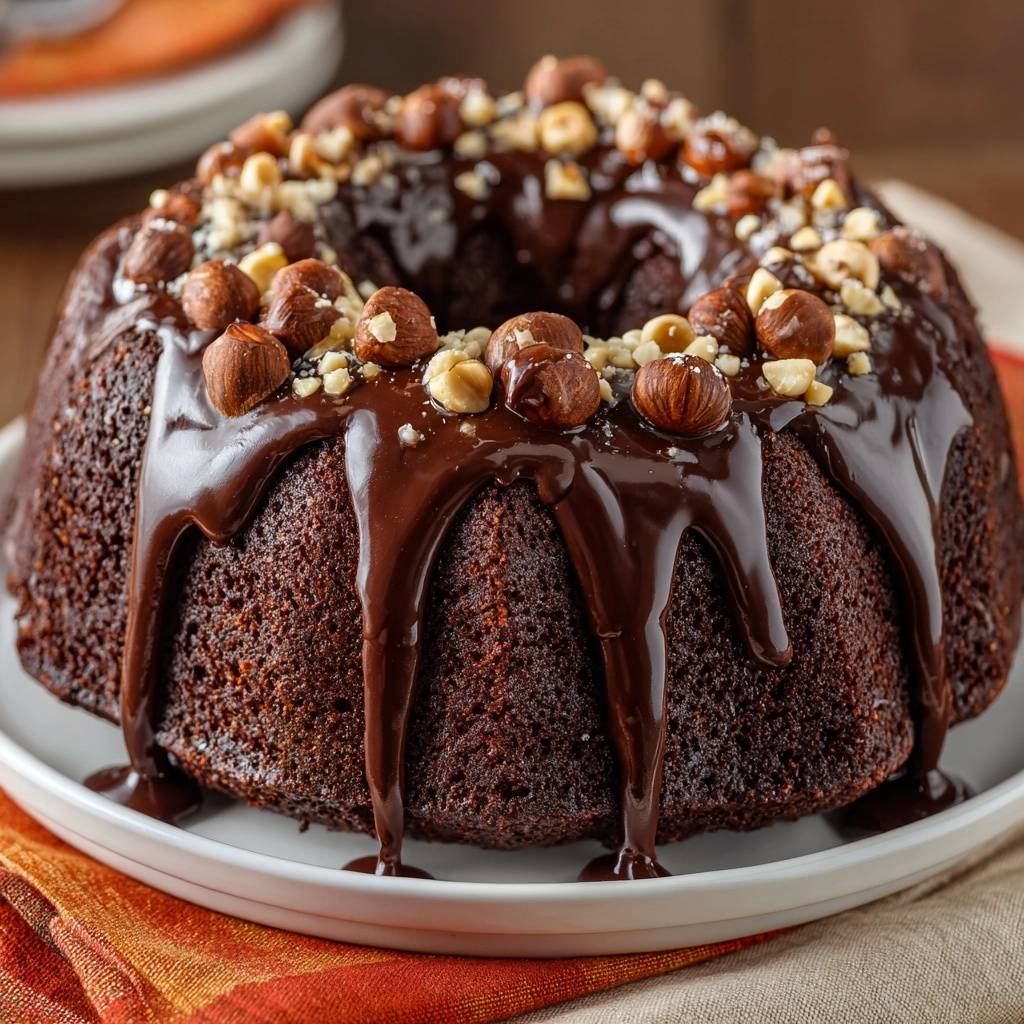Chocolate hazelnut bundt cake with rich chocolate glaze and whole hazelnuts on top.