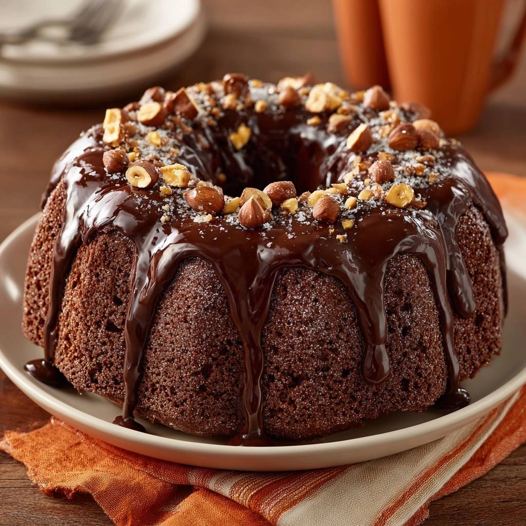 Chocolate hazelnut bundt cake with foolproof release, generously drizzled with rich chocolate glaze and topped with hazelnuts.