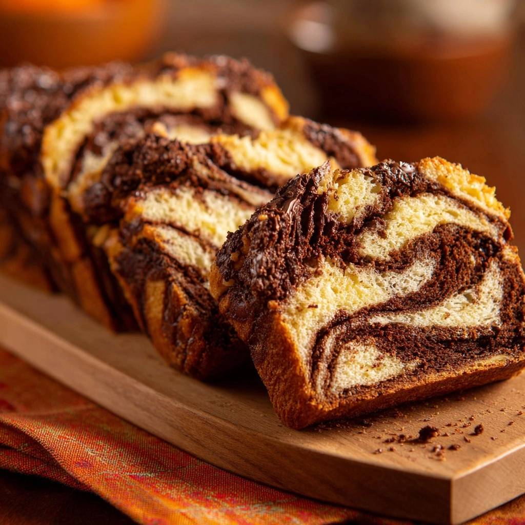 Chocolate marble pound cake cross-section showing rich swirls of dark chocolate and moist cake crumb.