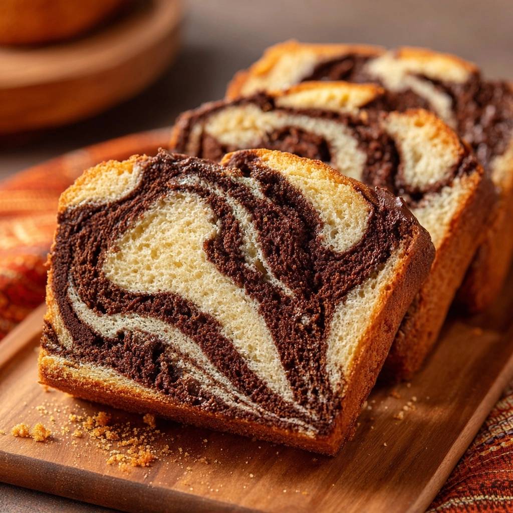 Chocolate marble pound cake cross-section showing moist swirls of chocolate and vanilla cake on a wooden cutting board.