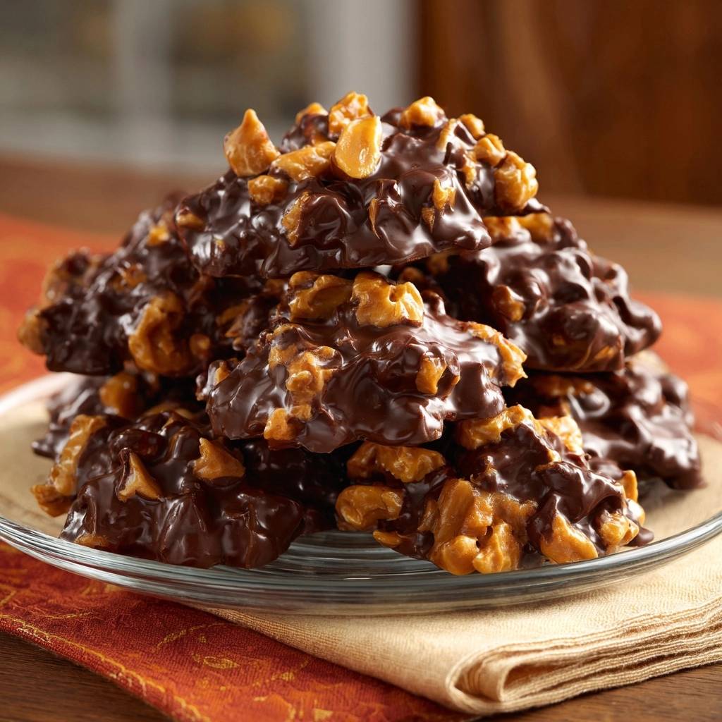 Chocolate peanut clusters showcasing a delightful pile with visible nuts and a glossy chocolate coating.