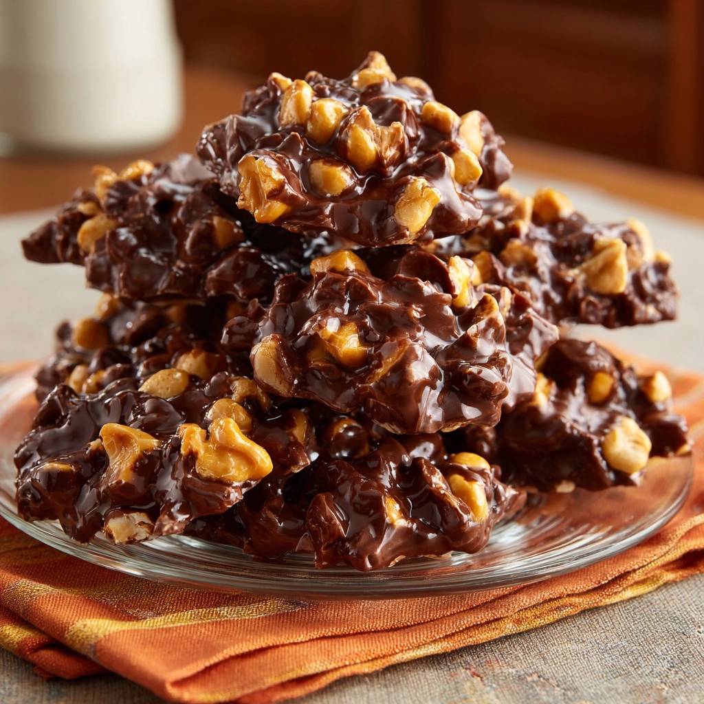 Chocolate peanut clusters with a close-up view showcasing their nutty texture stacked on a plate.