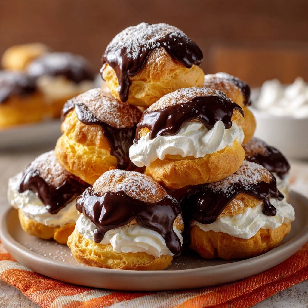Chocolate-drizzled profiteroles are stacked high on a plate, dusted with powdered sugar and drizzled with rich chocolate sauce.