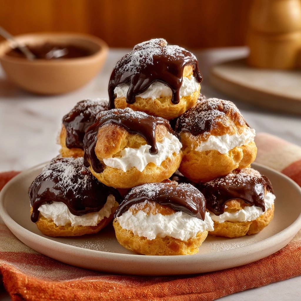 Chocolate-drizzled profiteroles stacked high on a plate, dusted with powdered sugar and topped with rich chocolate ganache.