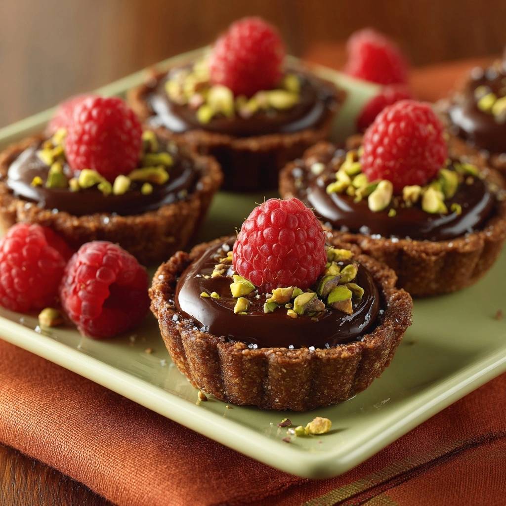 Chocolate raspberry pistachio tartlets with crisp crusts, shown in a close-up view highlighting the fresh raspberry and chopped pistachio garnish.