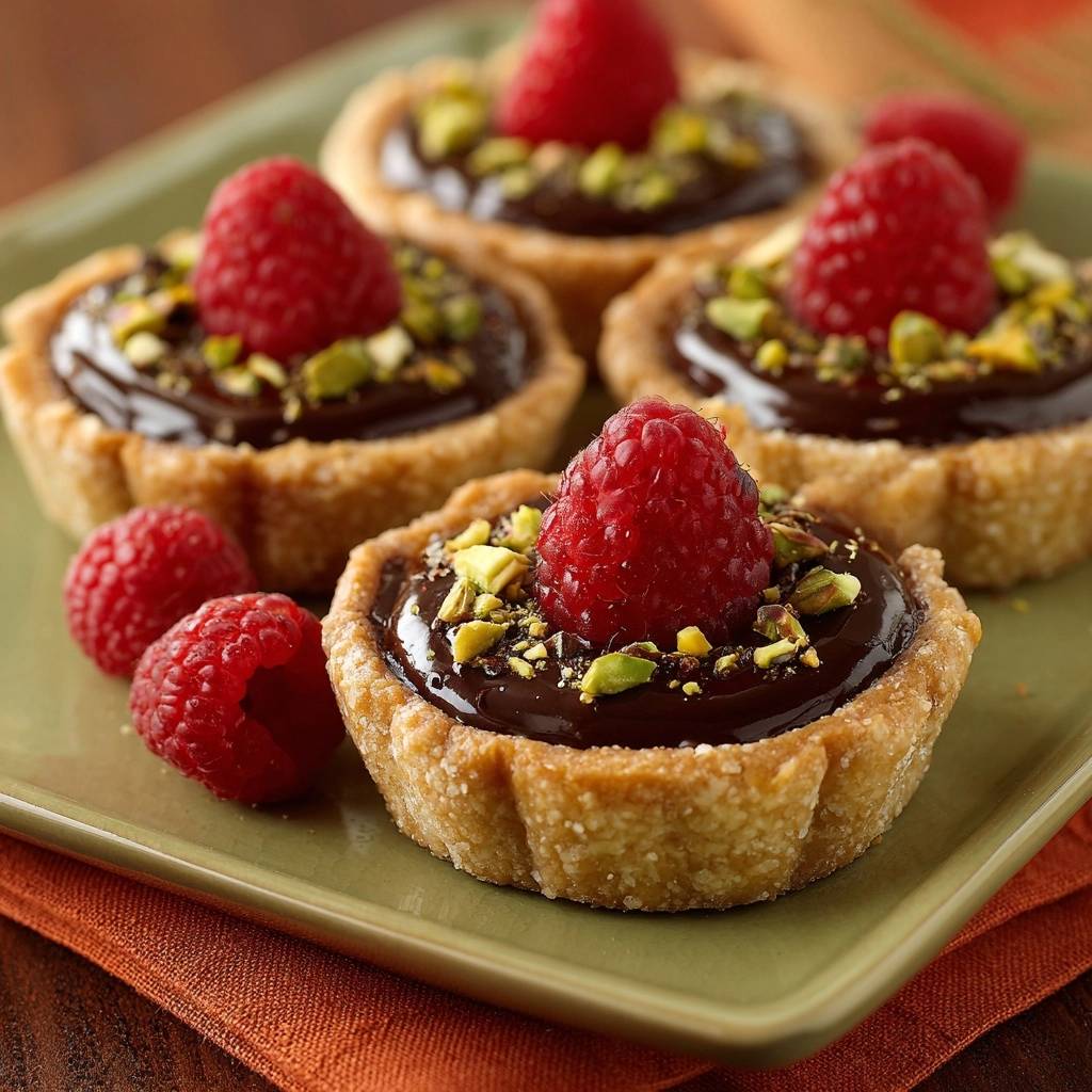 Chocolate raspberry pistachio tartlets with crisp crusts, a close-up on the rich chocolate filling and fresh raspberry garnish.