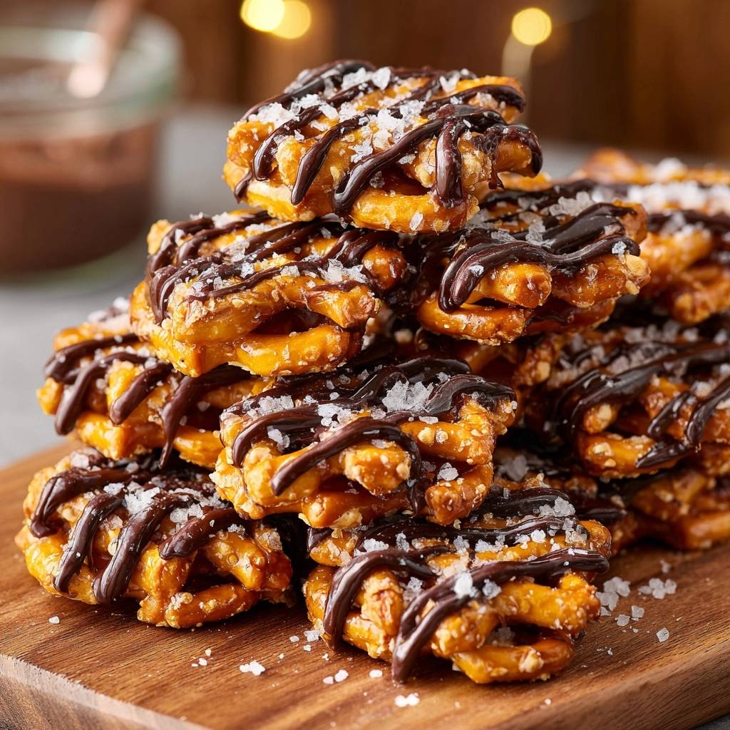 Chocolate sea salt pretzels drizzled with dark chocolate and sprinkled with coarse sea salt, stacked on a wooden board.