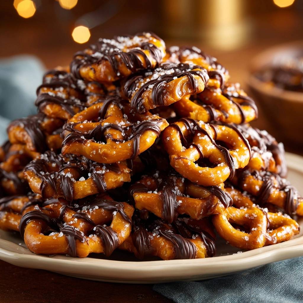 Chocolate sea salt pretzels drizzled with dark chocolate and piled high on a plate.