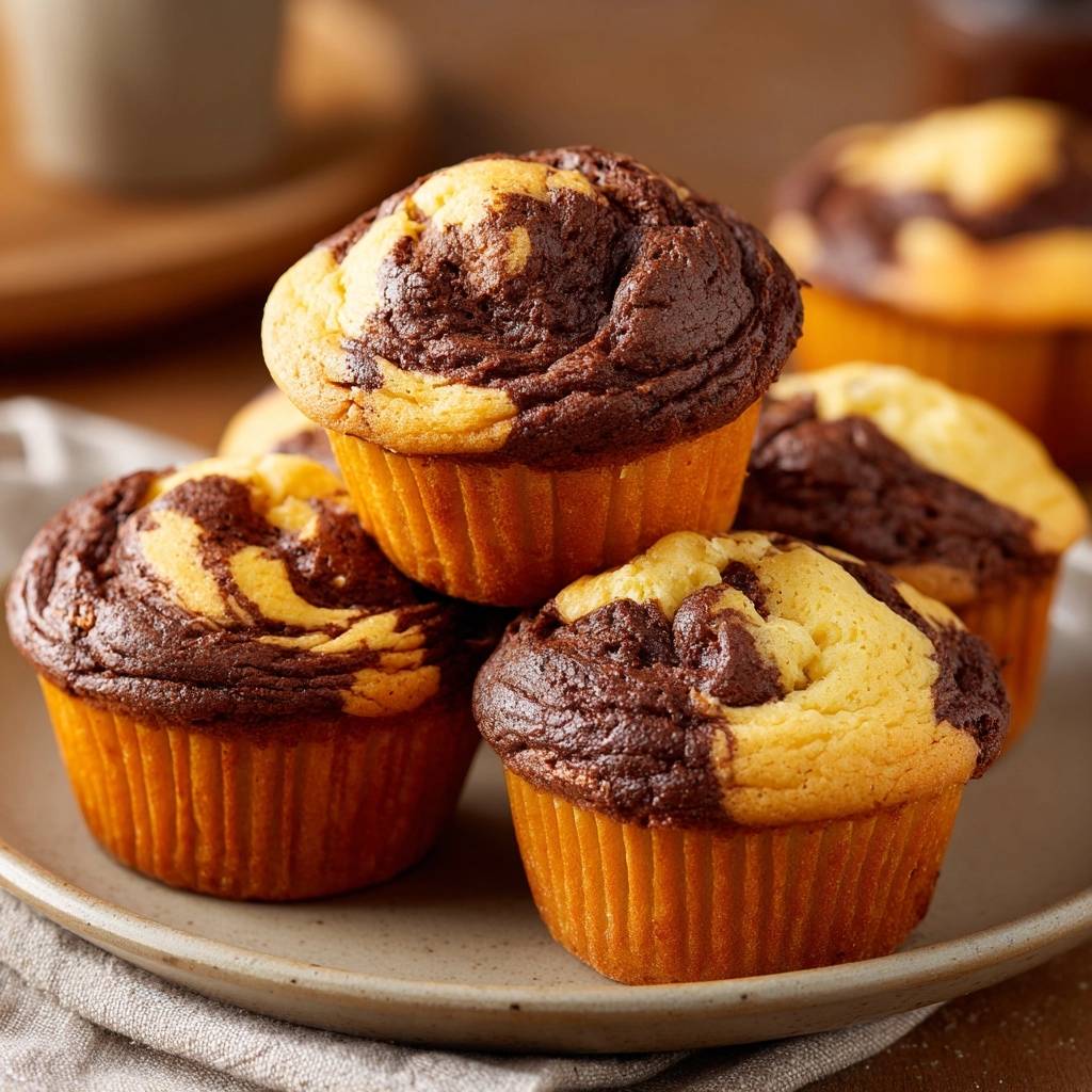Chocolate swirl muffins stacked on a plate, showcasing their marbled texture and airy appearance.