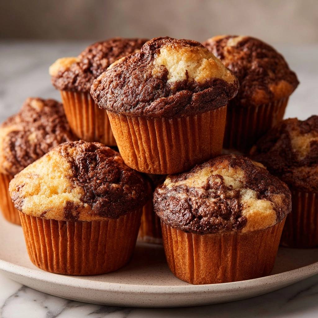 Chocolate swirl muffins stacked on a plate, showcasing their marbled tops and golden paper liners.
