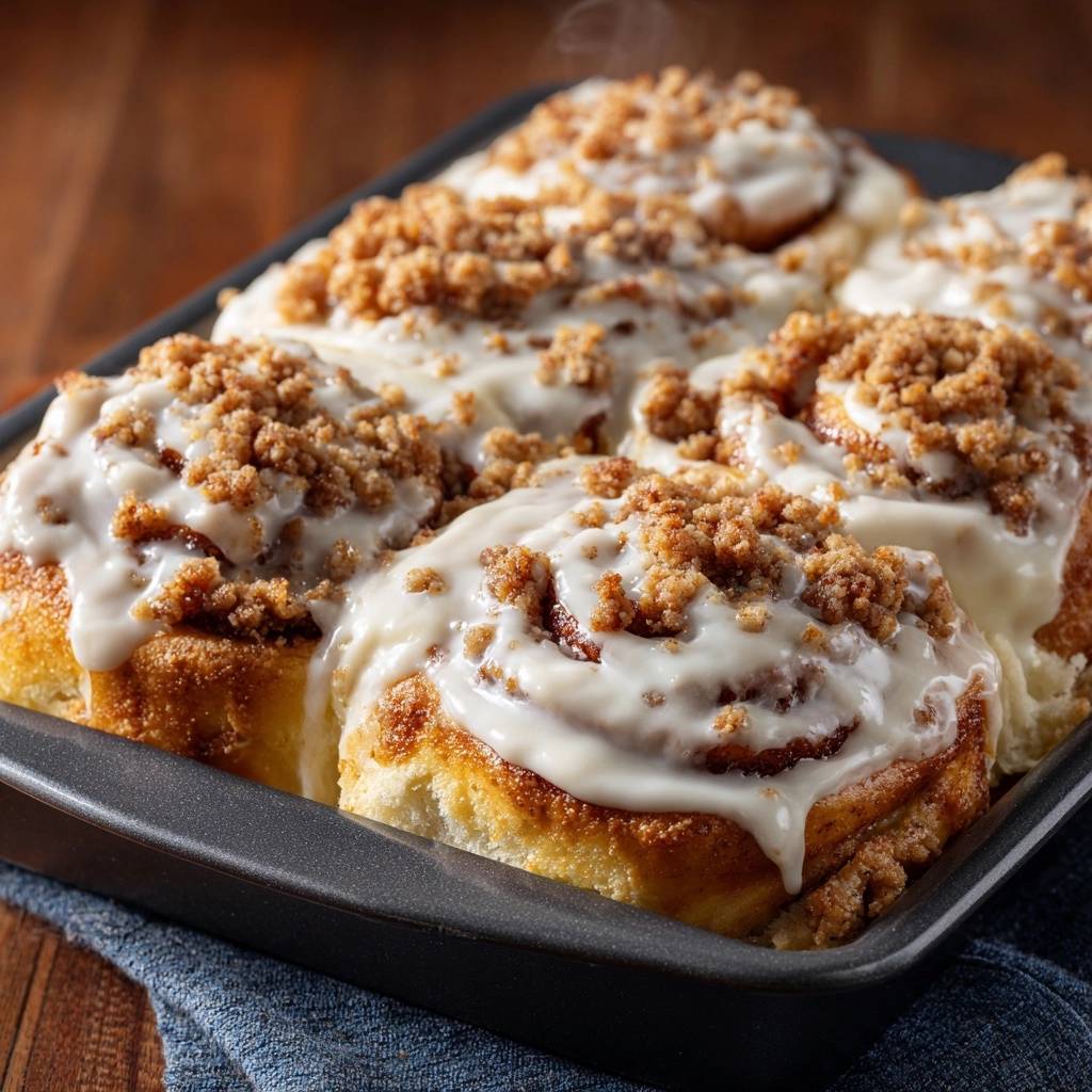 Cinnamon streusel rolls with bakery fluffiness shown in a baking pan with a close-up view of the streusel topping and glaze.