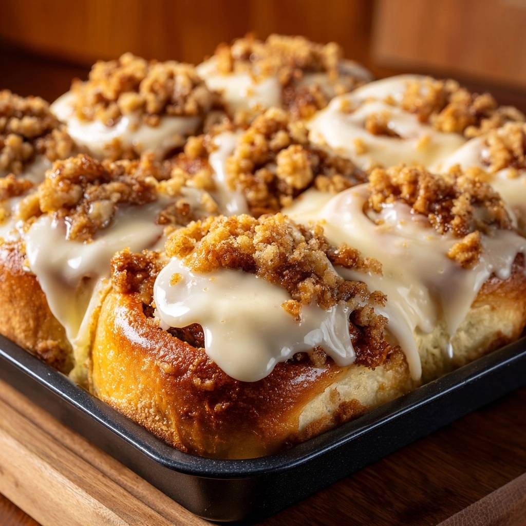 Cinnamon Streusel Rolls with a close-up view of the crumbly streusel topping and creamy glaze.