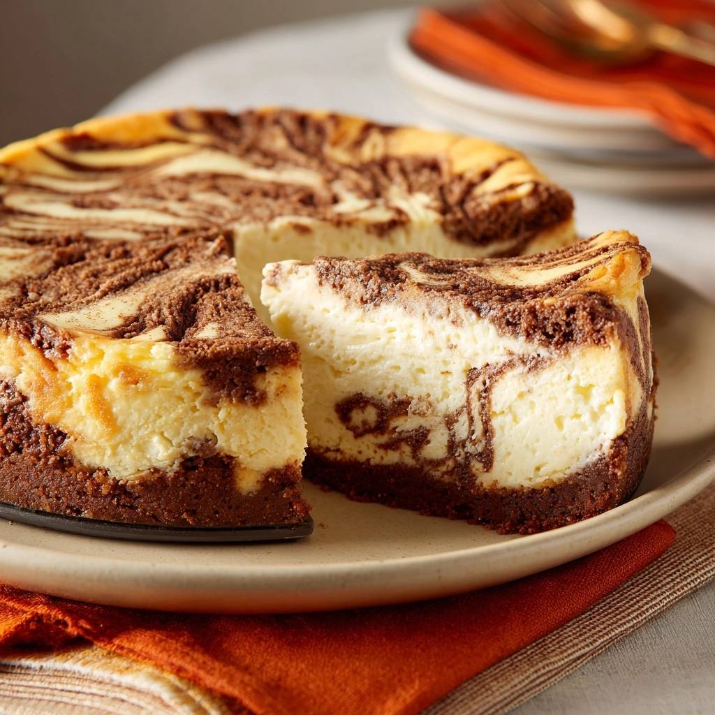 Cinnamon swirl cheesecake without cracks shown with a slice cut out revealing its creamy interior and chocolate base.
