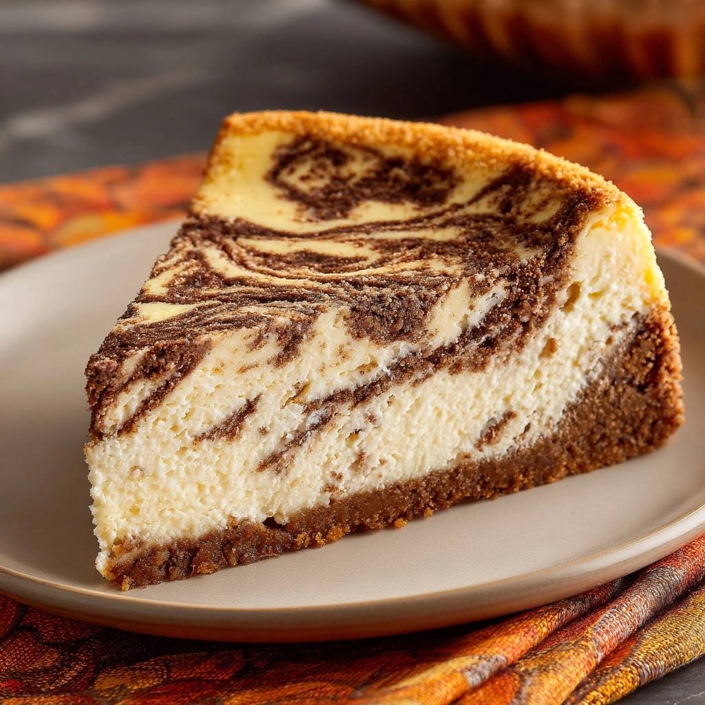 Cinnamon swirl cheesecake without cracks, showing a single plated slice with distinct chocolate marbling and a graham cracker crust.